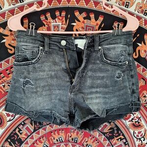 H&M Size 4 Distressed High-Rise Cheeky Stone Wash Denim Cut-Off Shorts Black